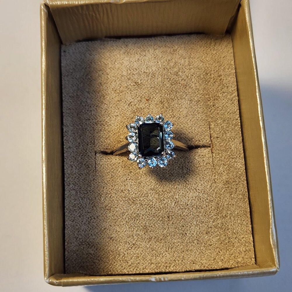 Estate Deep Blue Emerald-Cut Halo Ring with White Accents - Picture 8 of 15